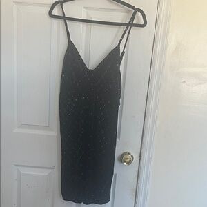 SHEIN Curve Black Midi Dress with Rhinestone Jacquard Print and Spaghetti Straps